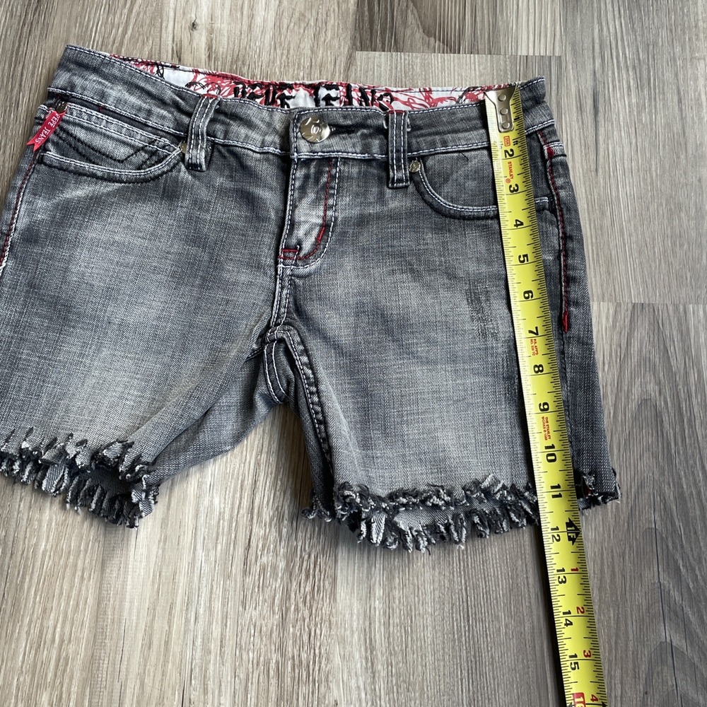 Y2K Pepe Jeans London Women Black Denim Shorts Frayed Hem Red Stitching Size 24 - Picture 6 of 9